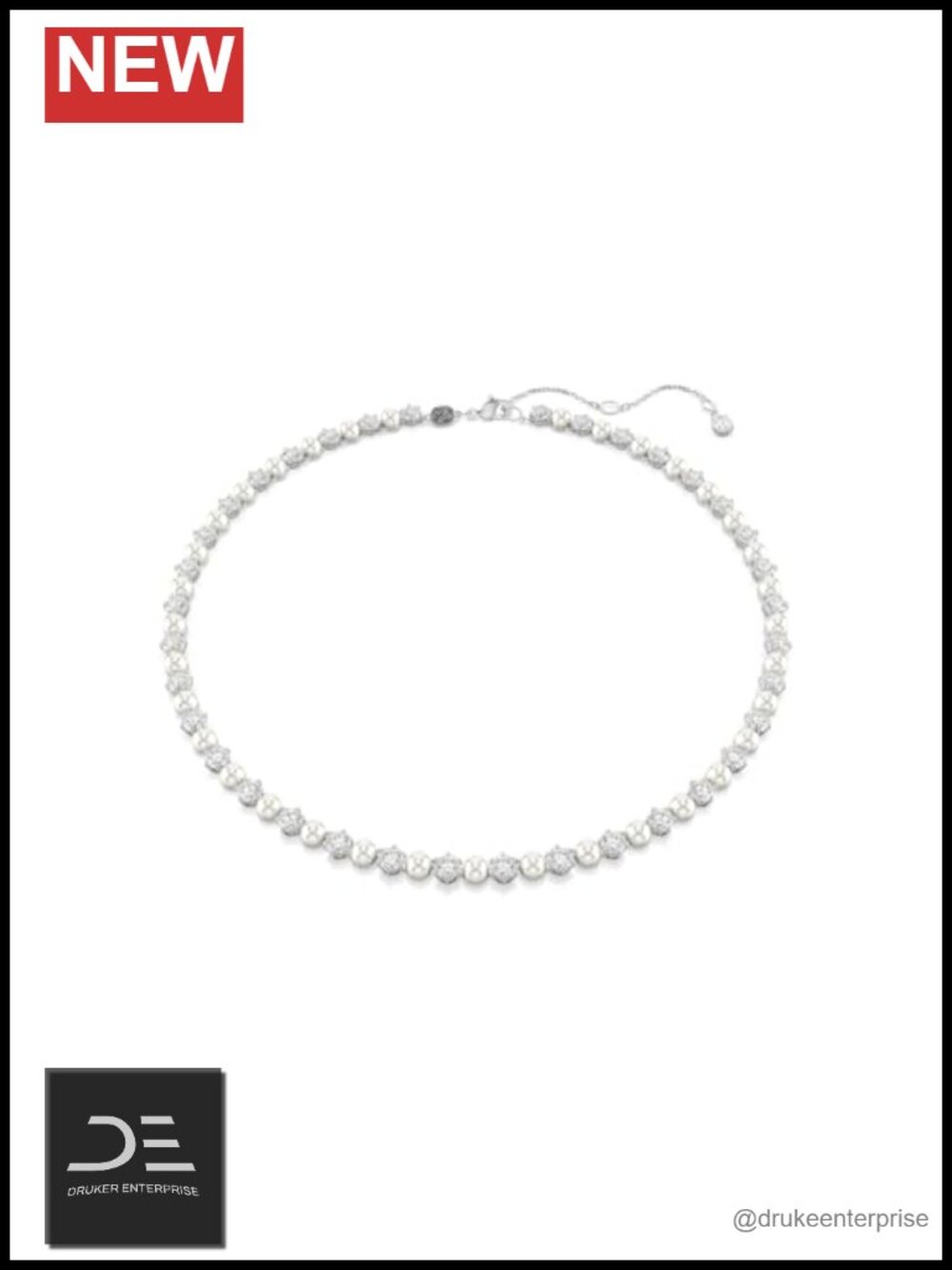 Crystal Pearl Tennis Necklace, Rhodium Finish, Clear, Pave Setting